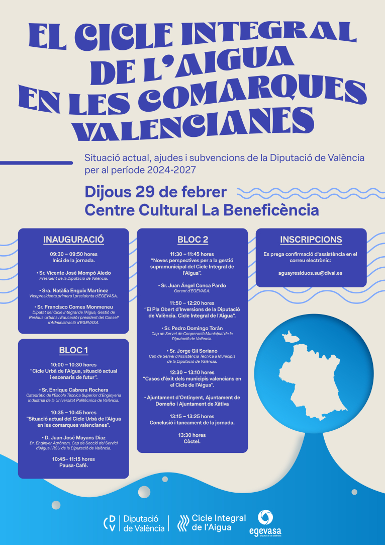 Jornada sobre el ciclo integral del agua : EL CICLO INTEGRAL DEL AGUA EN LAS COMARCAS DE VALENCIA. SITUACIÓN ACTUAL, AYUDAS Y SUBVENCIONES 