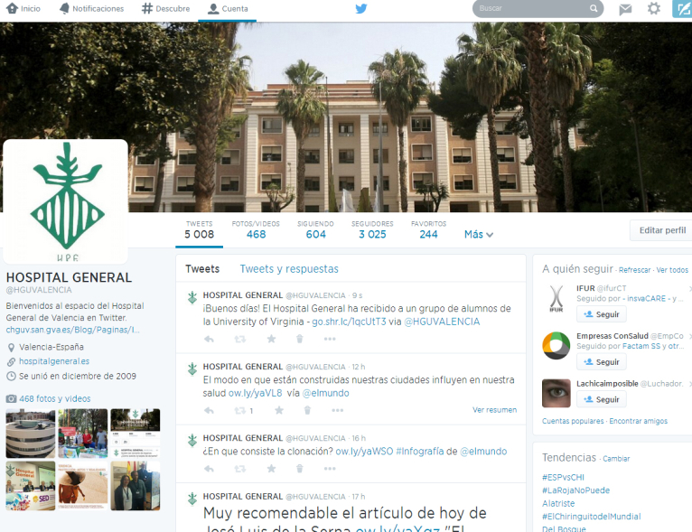 El General de Valencia se sitúa entre los 10 hospitales con más seguidores en Twitter